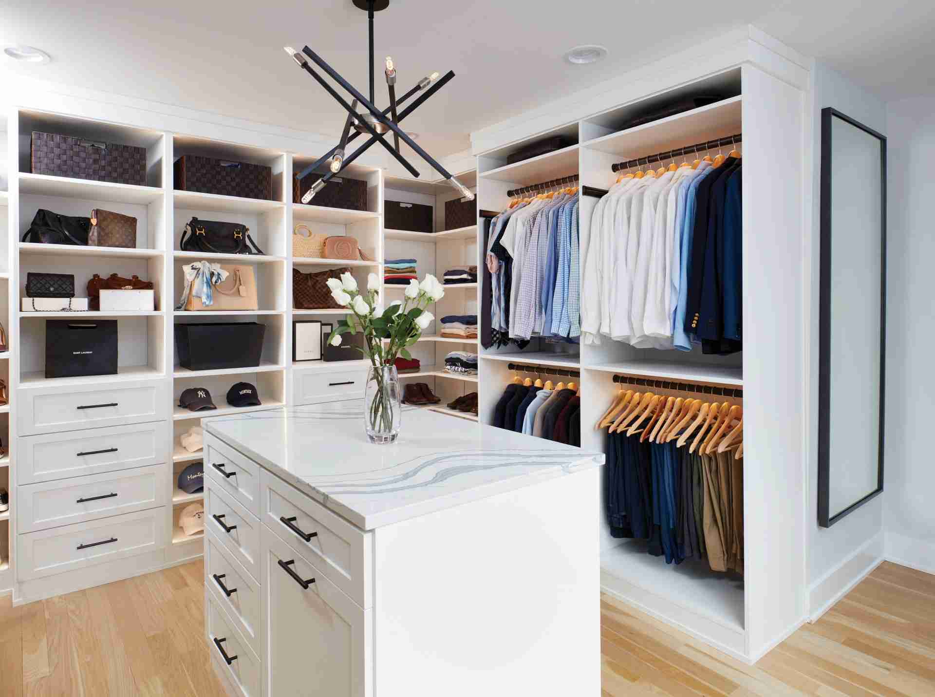 White walk-in closet with center island