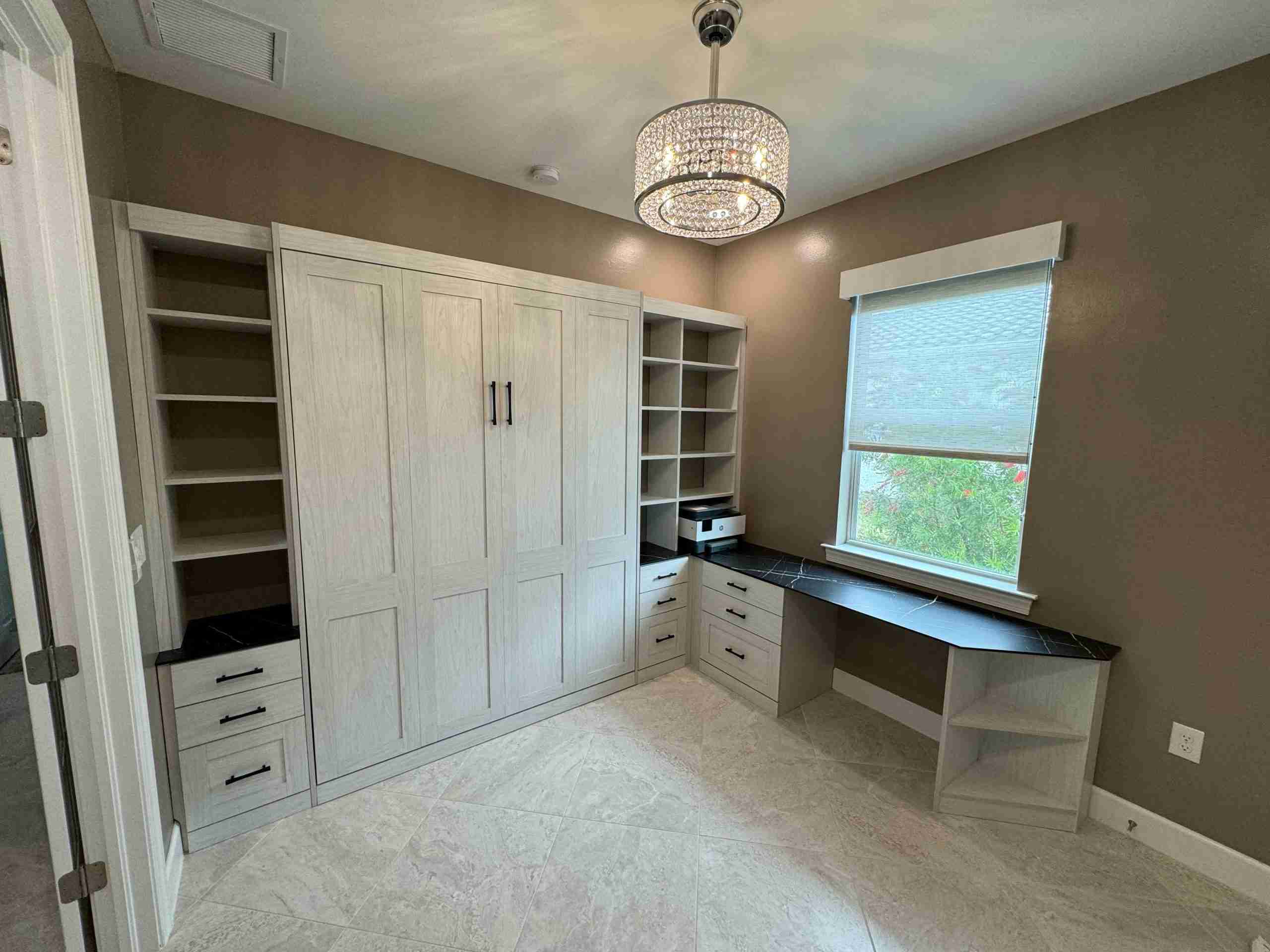 Queen panel Murphy bed with office