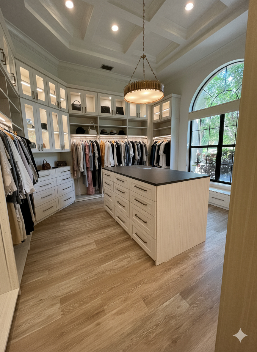 Master walk-in with glass doors and island